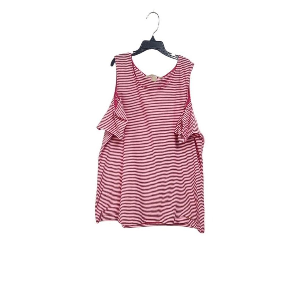 Michael Kors‎ Pink White Striped Cold Shoulder Ruffle Top Large MK Logo Charm